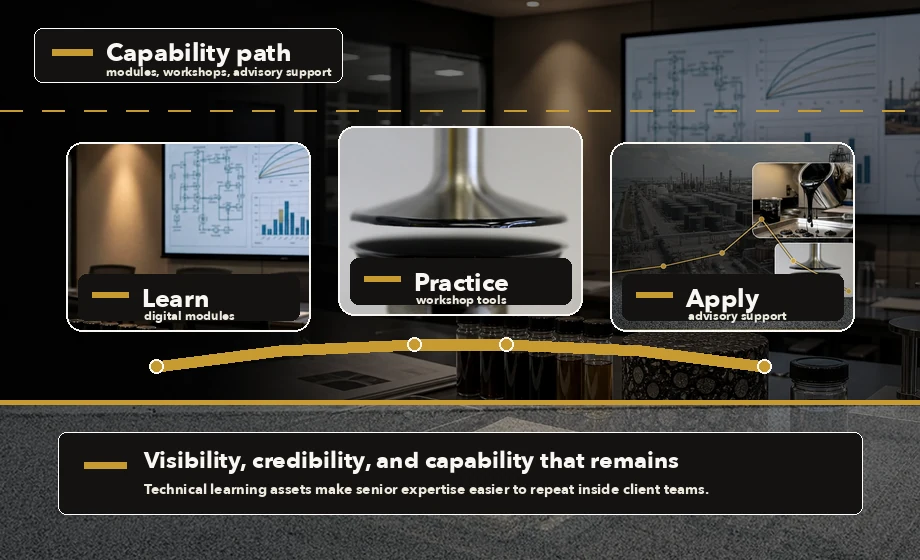 Professional KAT Academy capability graphic connecting digital learning, technical workshops, and advisory support