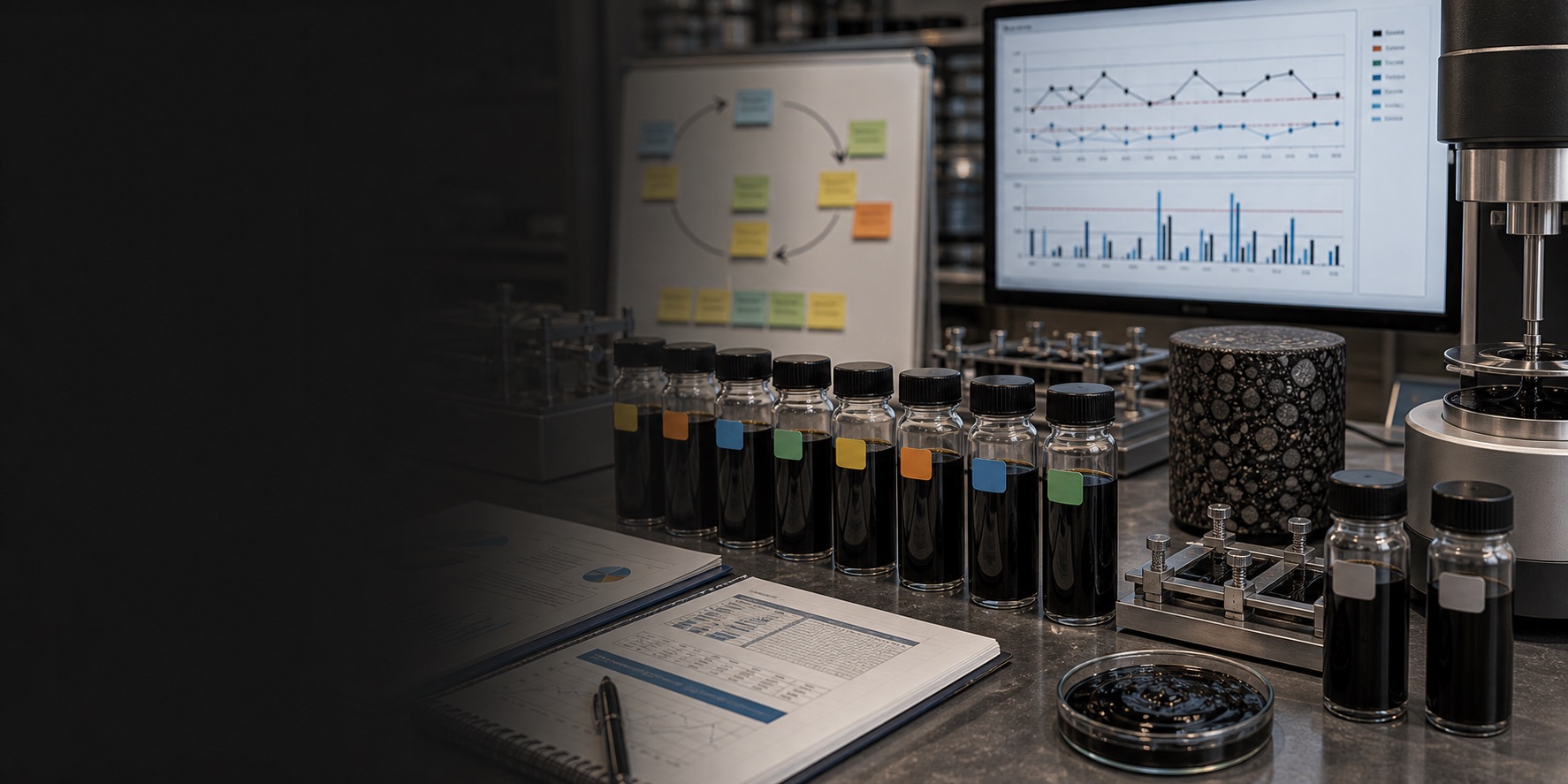 A binder-testing laboratory bench with rheology instrumentation under controlled lighting.