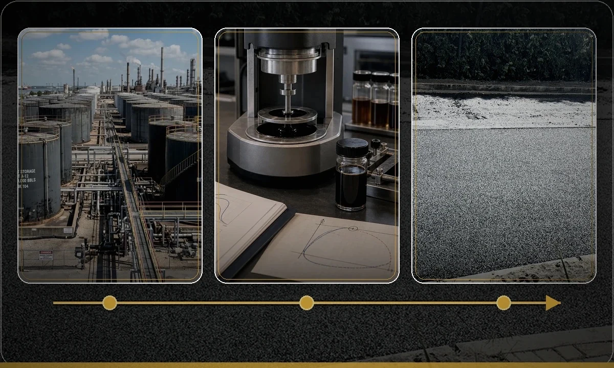 Three-panel refinery-to-road asphalt value chain showing refinery production reality, binder laboratory testing, and asphalt field performance.